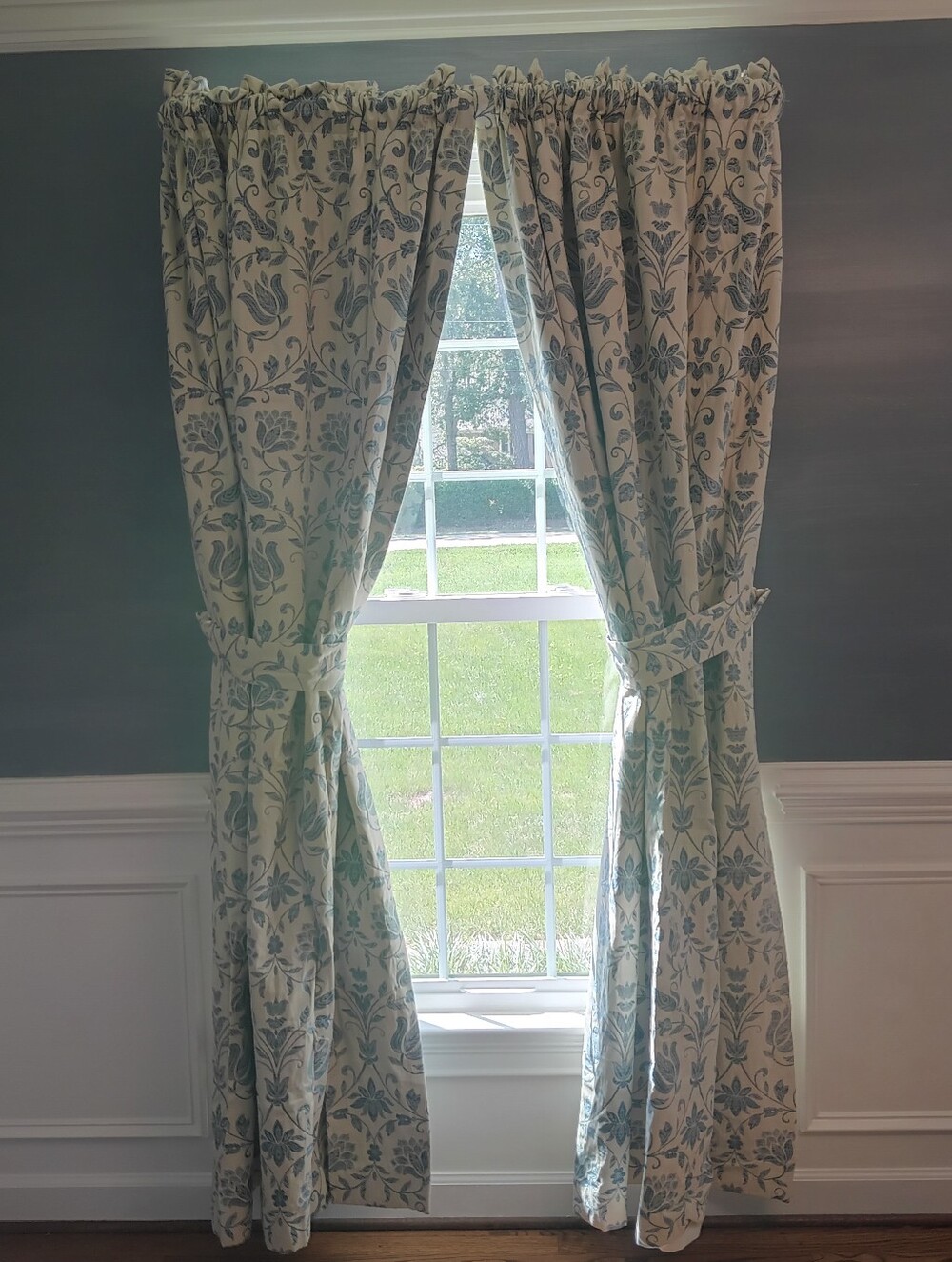 Custom Made Draperies - Two Lined Panels 50" Wide x 84" Long.  Blue/Off-White